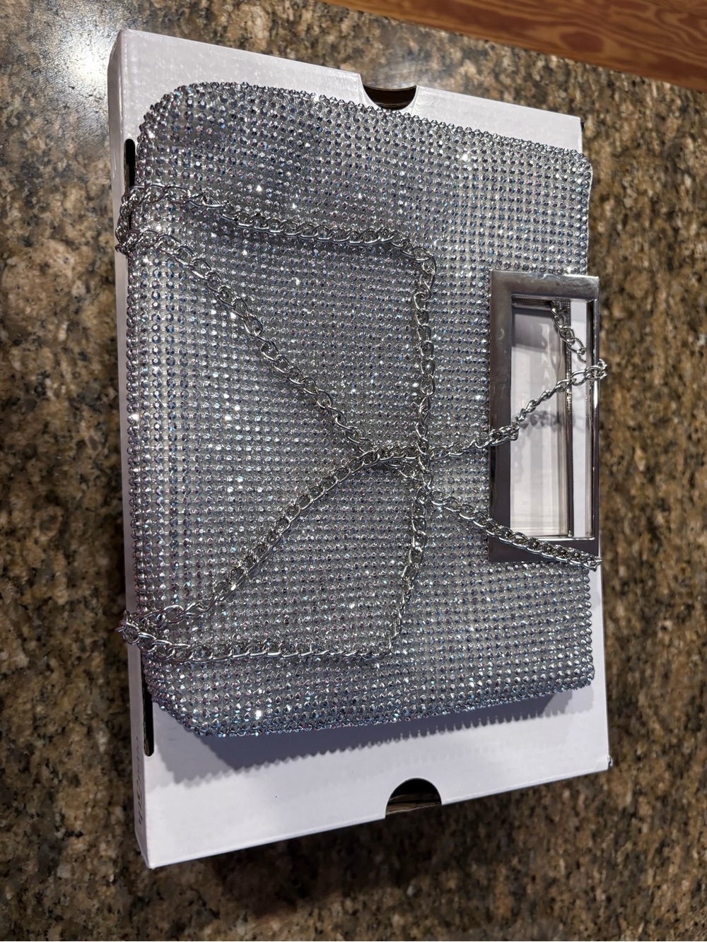 Crystal Rhinestone Silver Clutch Purse with Chain Strap